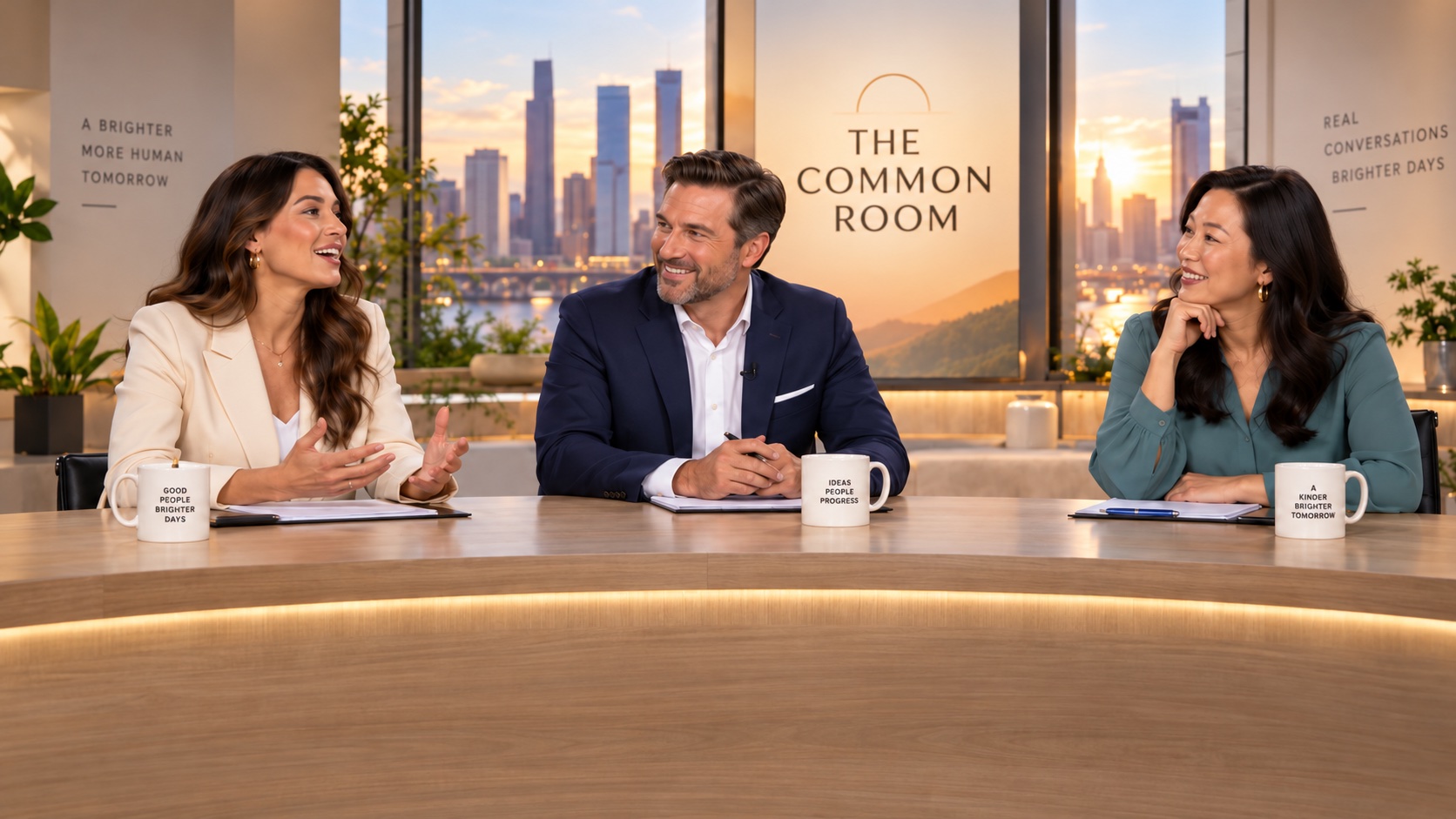 Three hosts sharing a conversation in The Common Room studio